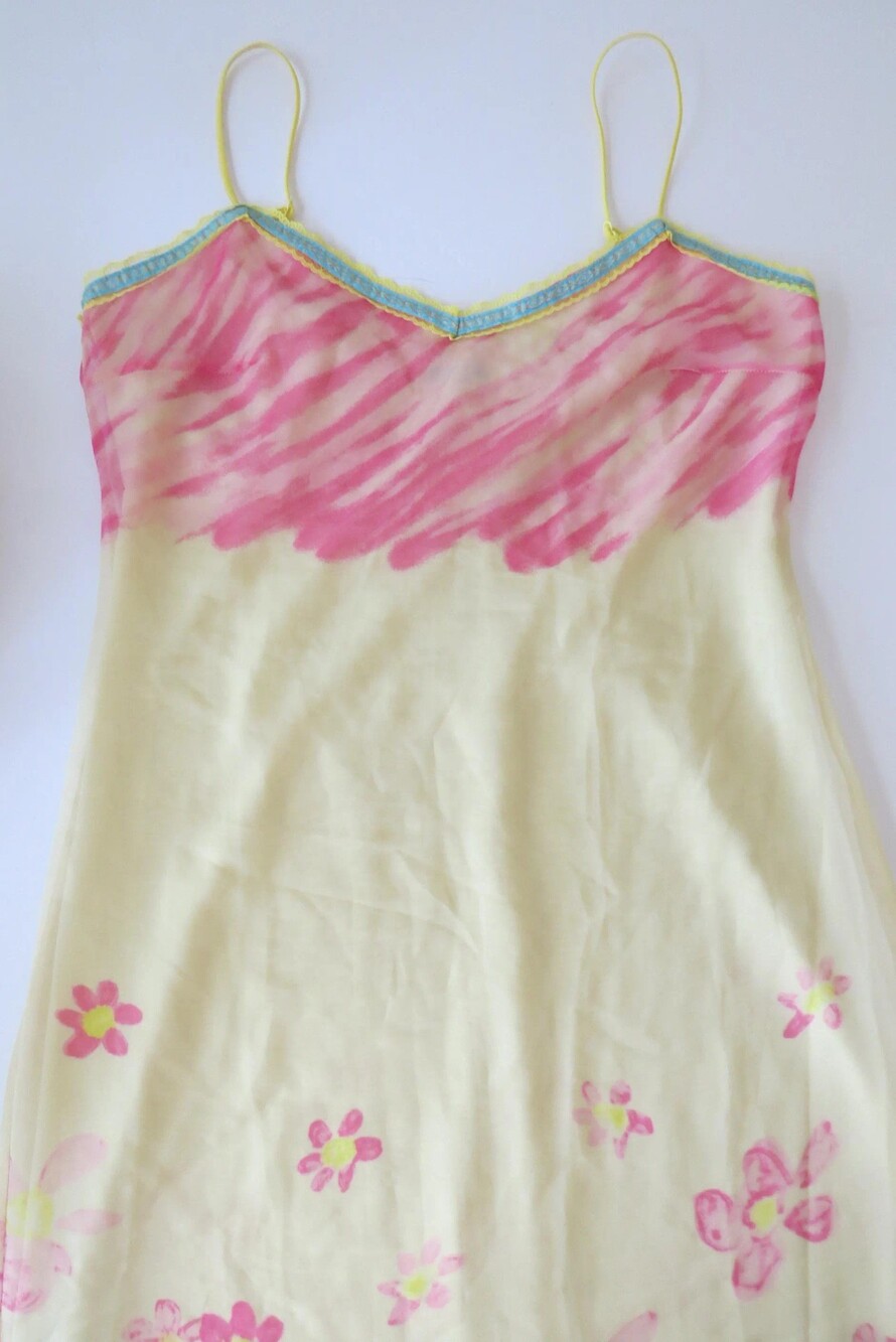 Vintage Italian Benetton Butter Yellow Pink Daisy Floral Mesh Overlay Dress